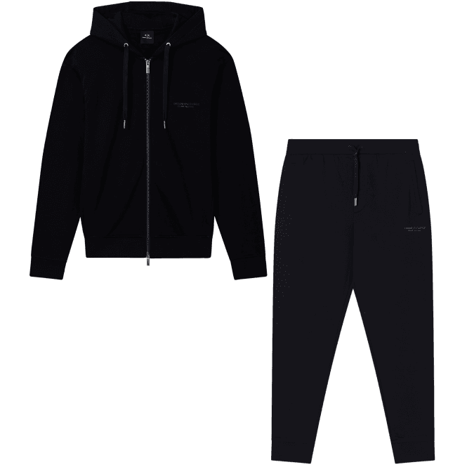 ARMANI EXCHANGE Cotton Tonal Logo Black Zip Hooded Tracksuit