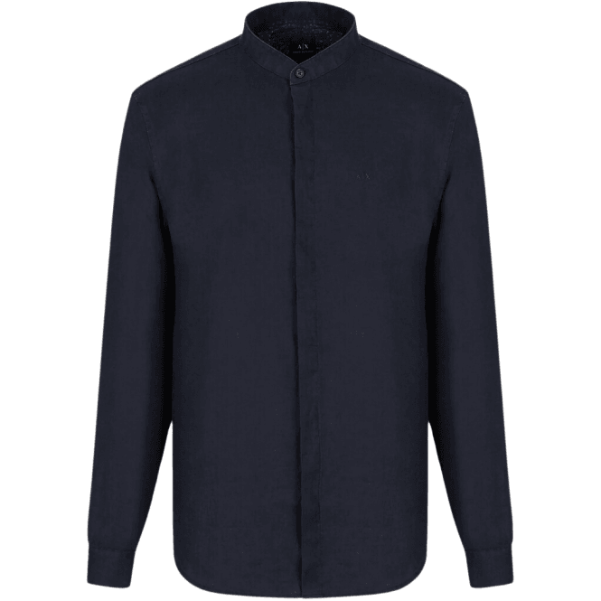 ARMANI EXCHANGE Grandad Collar Linen Navy Shirt