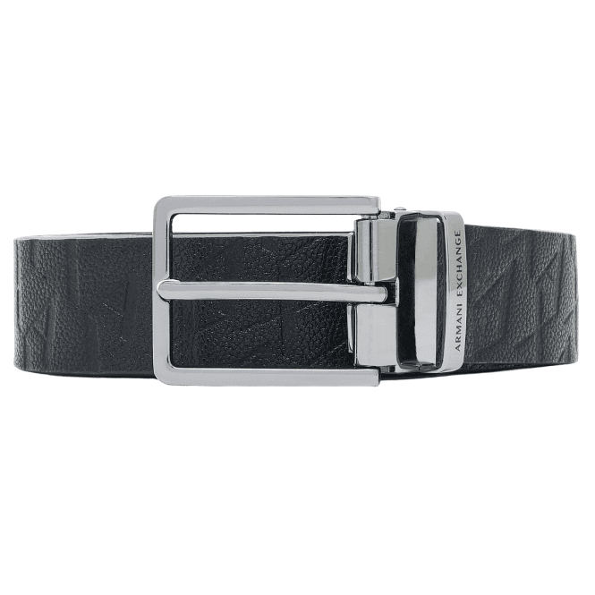 ARMANI EXCHANGE Metal Buckle Monogram All Over Black Leather Belt 