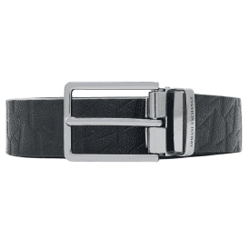 Metal Buckle Monogram All Over Black Leather Belt 
