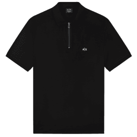 Slim Fit Stretch Technical Black Zip Polo Shirt