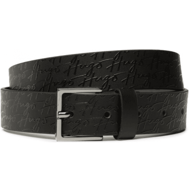 Boss Handwritten Allover Logo Buckle Leather Black Belt