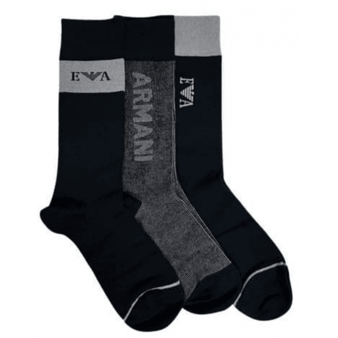 Emporio Armani Cotton 3-Pair EA Logo Black Socks