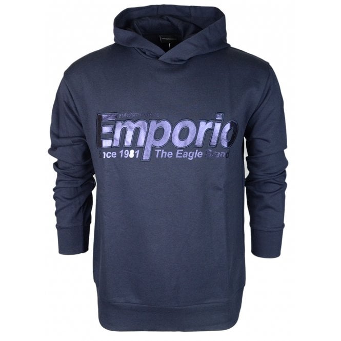 Emporio Armani Cotton Overhead Embroidered Logo Navy Hoodie