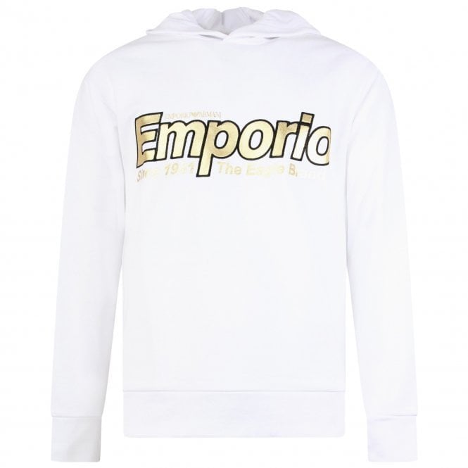 Emporio Armani Cotton Overhead Embroidered Logo White Hoodie