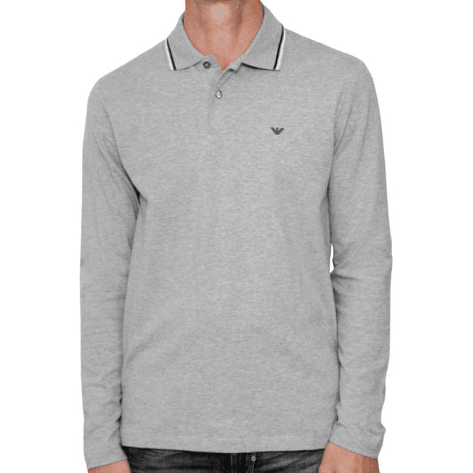Emporio Armani Cotton Striped Collar Grey Long Sleeve Polo Shirt
