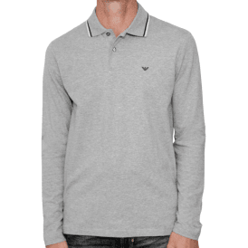 Cotton Striped Collar Grey Long Sleeve Polo Shirt