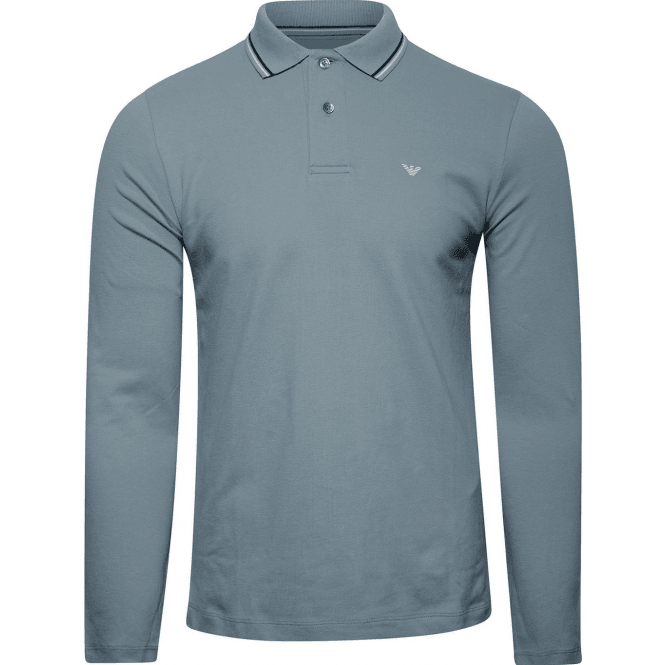 Emporio Armani Cotton Striped Collar Light Green Long Sleeve Polo Shirt