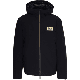 Gold Plaque Hooded Black Puffer Jacket
