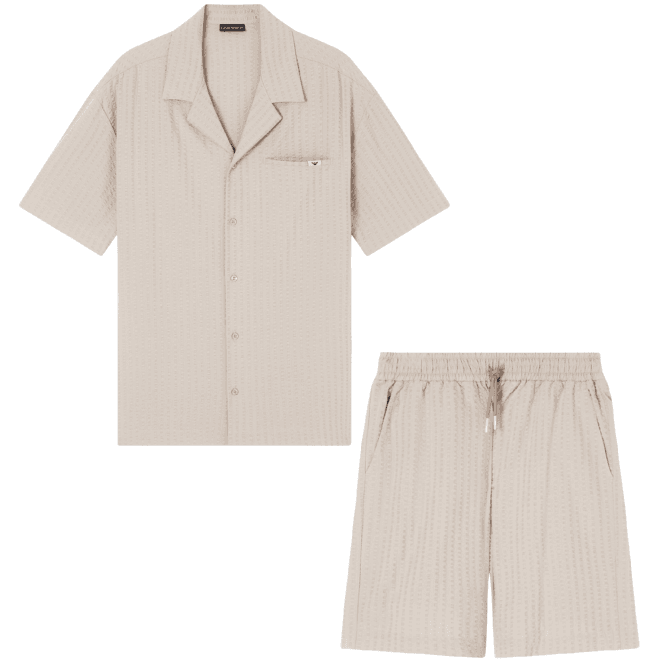 Emporio Armani Seersucker Textured Beige Shirt Set