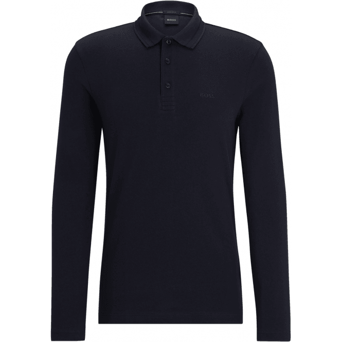 Boss Plisy Embroidered Logo Regular Fit Long Sleeve Navy Polo Shirt