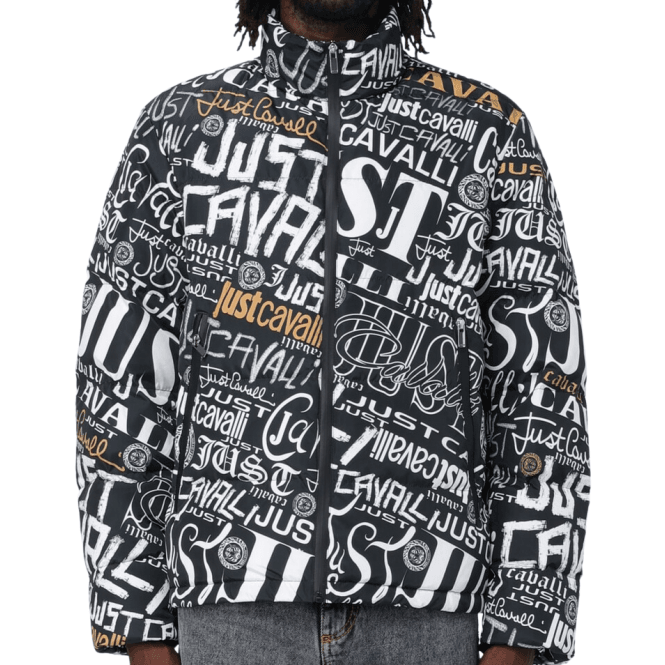 Just Cavalli Lettering Allover Design Funnel Neck Black/White Jacket