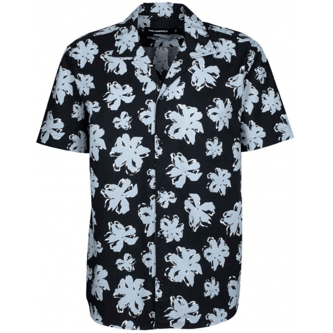 Karl Lagerfeld Floral All Over Cuban Collar Black Shirt