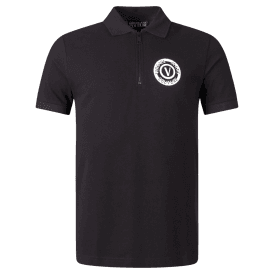 Cotton Printed Logo Zip Black Polo Shirt 